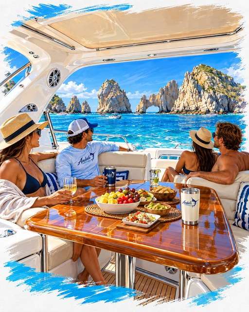 Illustration of guests dining aboard Ándale on a bay tour