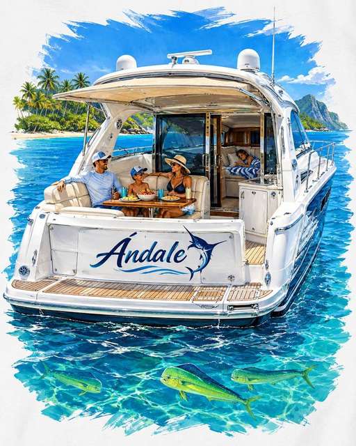 Illustration of a family dining on the transom of Ándale with dorado swimming below