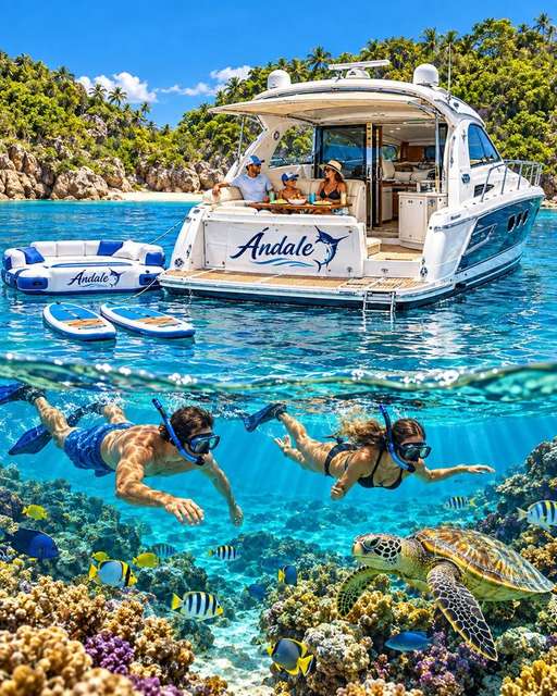 Illustration of snorkelers with a sea turtle over the reef below Ándale