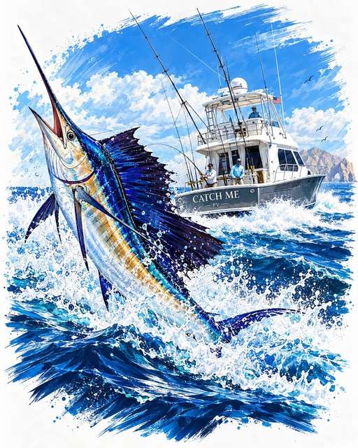 Illustration of a sailfish leaping beside the Catch Me sportfisher