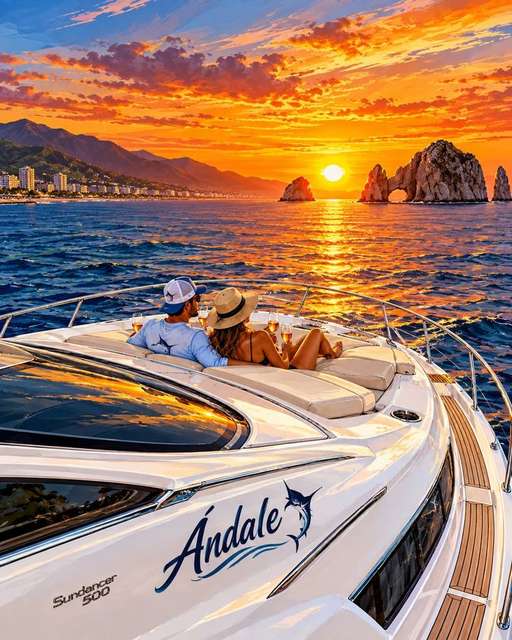 Illustration of a couple watching the sunset from the bow of Ándale