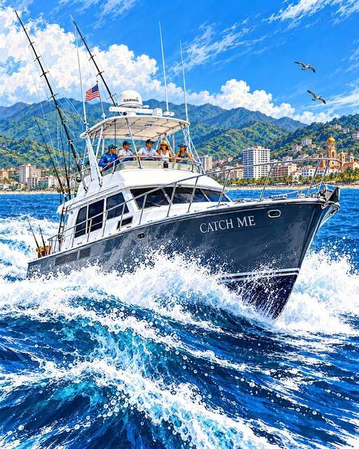 Illustration of the Catch Me yacht running off the coast